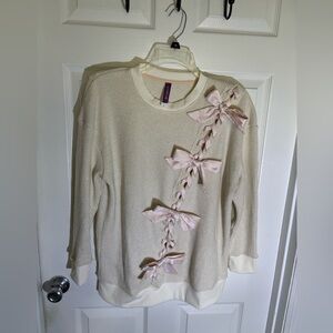 Adore Me Shimmer Coquette Ballet Cream Knit Sweater Pink Ribbons Bows Women’s M